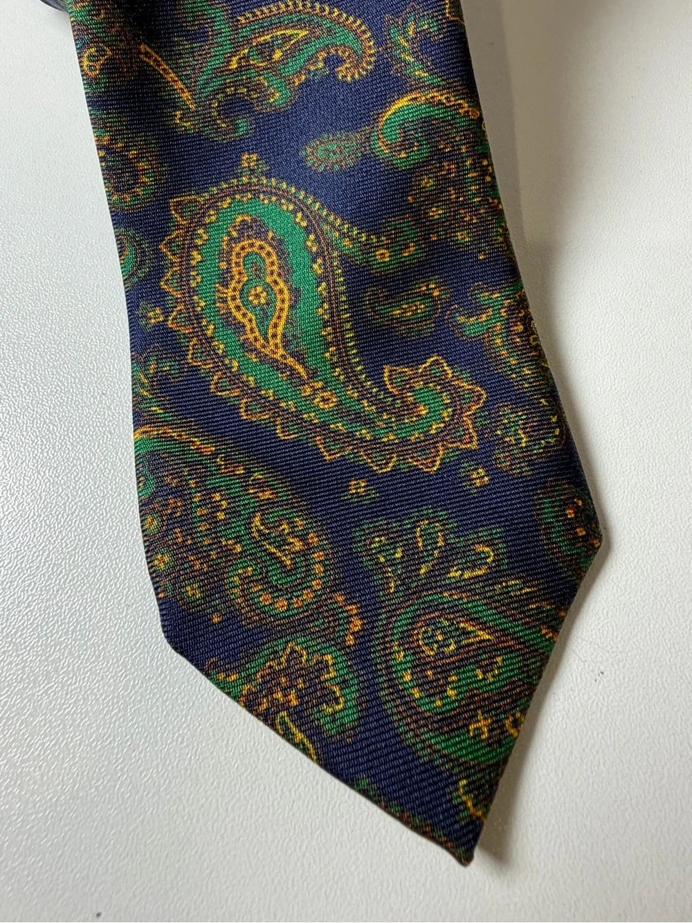 J. Crew Hand Made in USA 100% Silk Navy Paisley Silk Tie Green and Gold Motif